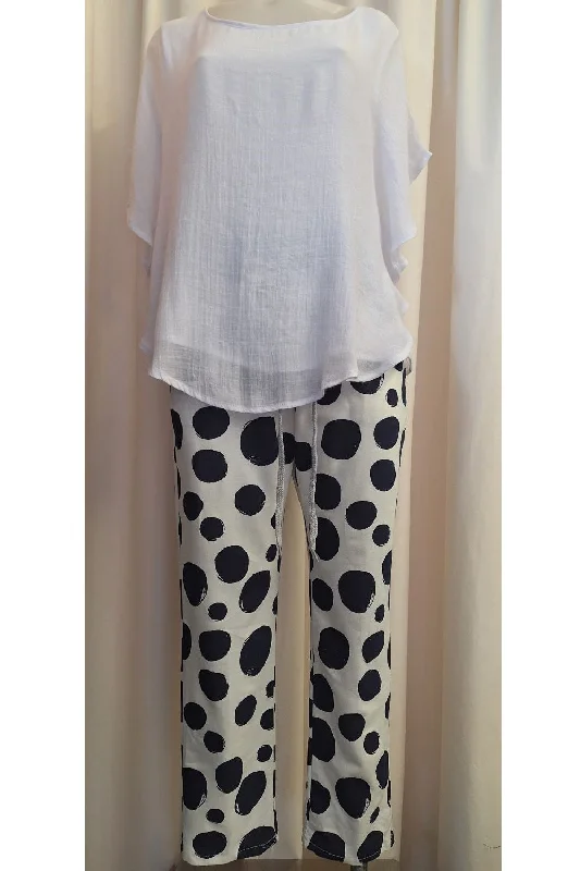 Italian Stretch Pants - Off White with Navy Polka Spots Casual Sweatpants Style