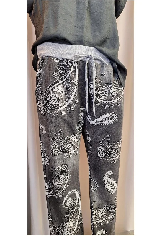 Italian Stretch Pants - Paisley, Charcoal Soft Wool Pants