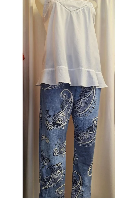 Italian Stretch Pants - Paisley, Light Denim Relaxed Lounge Trousers