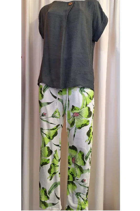 Italian Stretch Pants - White with Green Flowers Soft Stretch Leggings