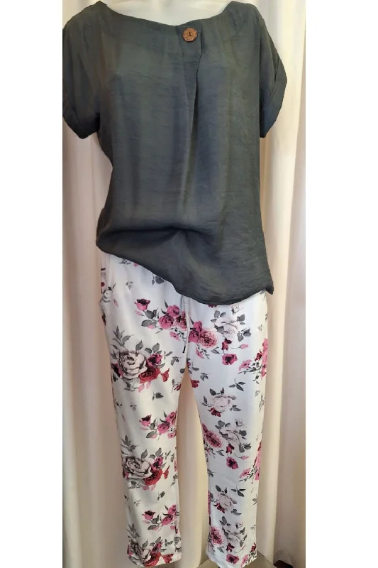 Italian Stretch Pants - White with Pink Roses Soft Sweatpants Style