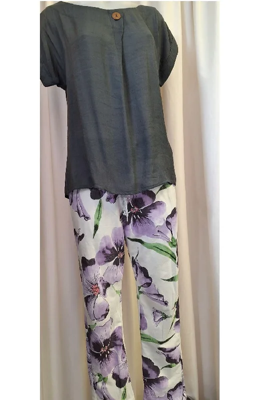 Italian Stretch Pants - White with Purple Flowers Soft Stretch Pants
