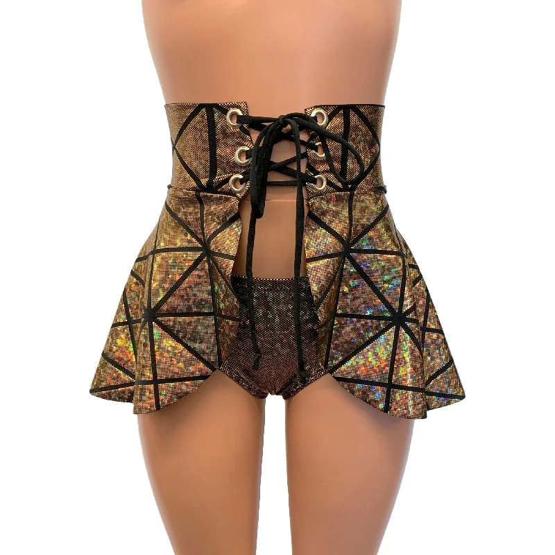 Lace-Up Corset Skirt - Glass Pane Holographic Gold or Silver ribbed skirt waist