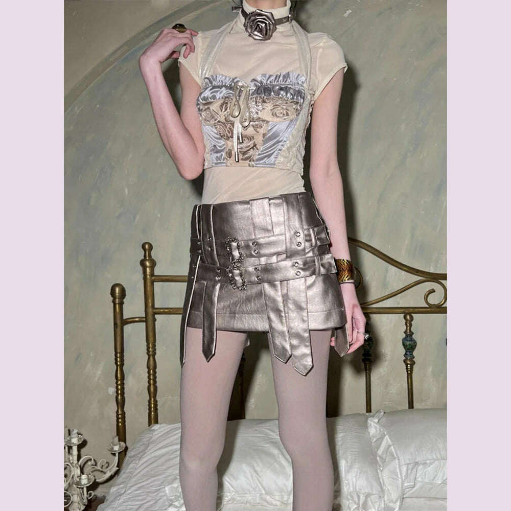 Lautaro Spring Autumn Cool Silver Pu Leather Mini Skirt Women Belt Low Waist Retro Sexy Luxury Designer Emo Gyaru Clothes 2023 lace skirt feminine