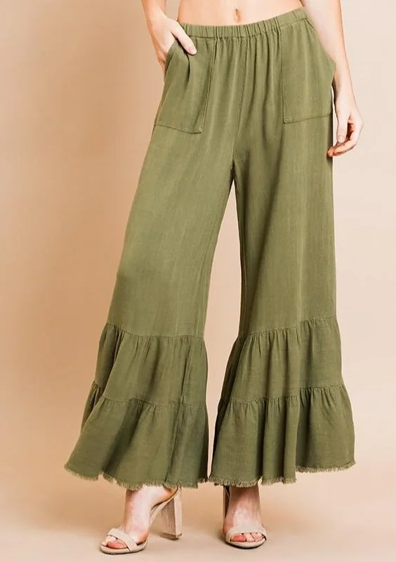 Linen Wide Leg Ruffled Pant Comfortable Wide-Leg Pants