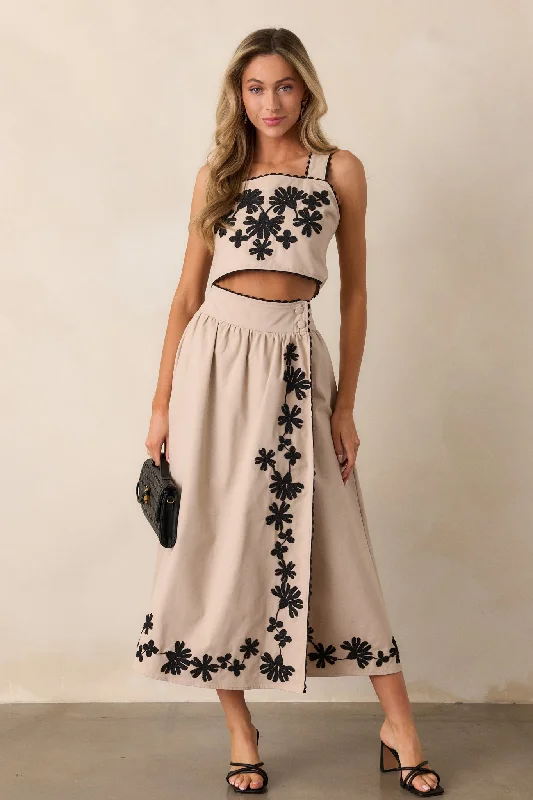 Lovely Blooms Taupe Embroidered Floral Midi Skirt denim skirt stylish
