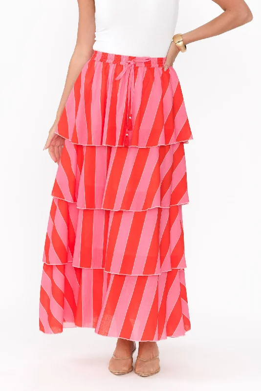 Magritte Pink Stripe Cotton Tiered Skirt wool skirt sturdy