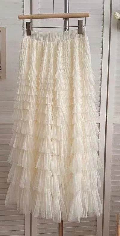 Mesh Tiered Midi Skirt chiffon skirt airy