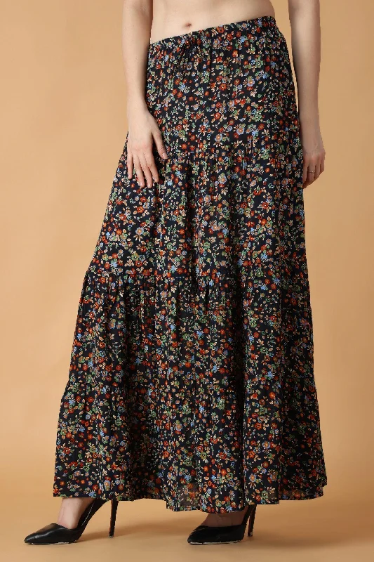 Navy Blue Floral Printed Skirt chiffon skirt delicate