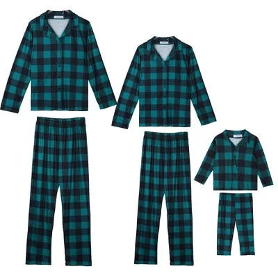 cheibear Christmas Plaid Long Sleeve Tee with Pants Loungewear Family Pajama Sets Men's Large Comfortable Cargo Pants