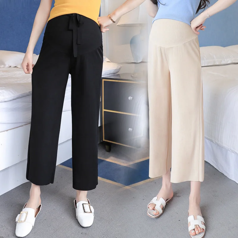 NiDELL Maternity Pants . Spring and Summer Ice Silk Wide-Leg Pants Cropped Pants Summer Outer Wear Straight Thin Strap Loose Belly Lift Pants Stylish Paperbag Waist Pants