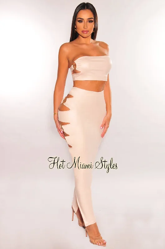 Nude Faux Leather Bandeau Gold Ring Cut Out Slit Skirt Two Piece Set spandex blend skirt