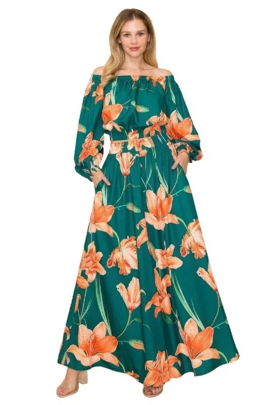 Tropical Off Shoulder Top and Wide Pants Set Casual Skinny Fit Pants