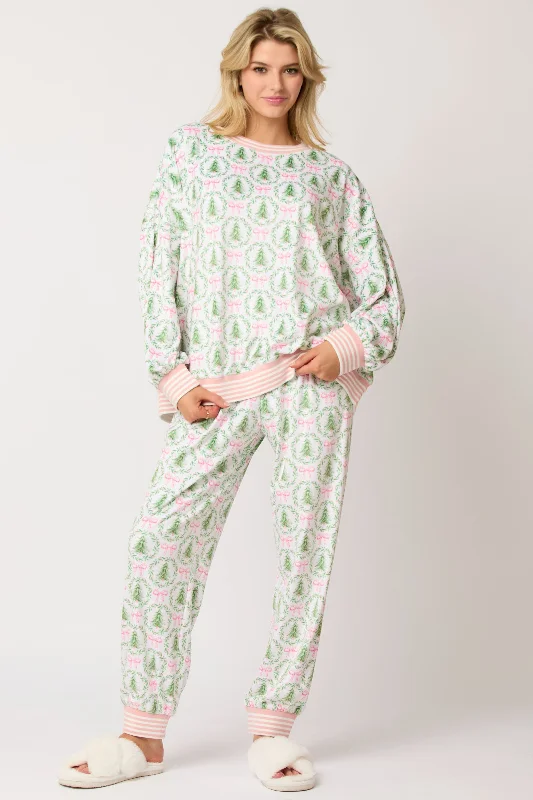 PE Soft Fleece Christmas Tree Bow Pajama Pants Chic Black Leggings