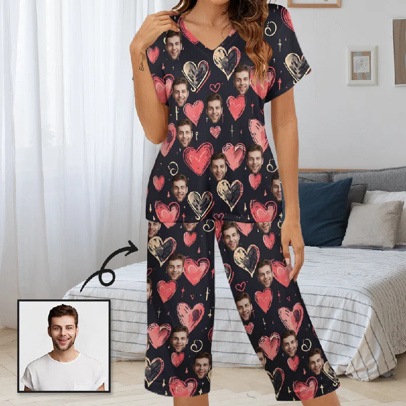 Personalized Face Women's Pajama Set Custom Face Pink Heart Black Background Women's V-Neck Short Sleeve&Capri Pants Pajama Sets Trendy High-Waist Trousers Personalized Face Women's Pajama Set Custom Face Pink Heart Black Background Women's V-Neck Short Sleeve&Capri Pants Pajama Sets Trendy High-Waist Trousers