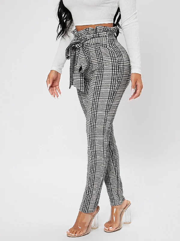 PETITE Plaid Print Paperbag Waist Knot Front Pants Casual Wide Pants
