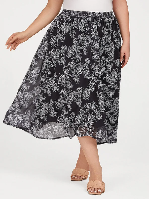 Plus Black Floral Elastic Waist Skirt wool skirt warm