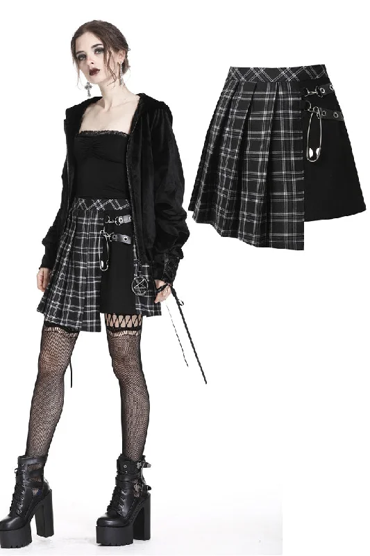Punk pleated grid irregular hem skirt KW135BK ribbed skirt waist