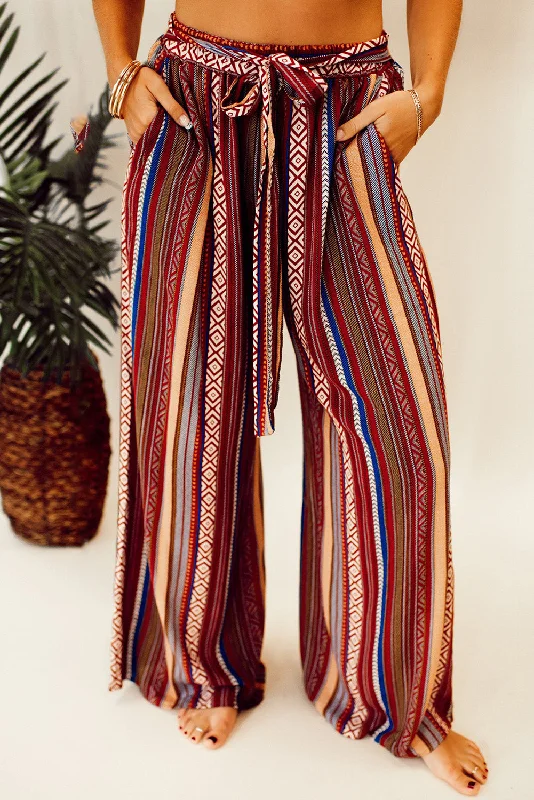 Red Boho Ethnic Striped Print Tie Waist Wide Leg Pants Trendy Printed Pants