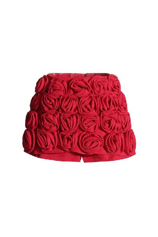 Romantic Tomato Red 3D Rosette High Waist Bodycon Micro Skorts casual skirt length