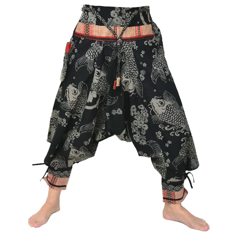 Samurai Style Harem Pants Ninja Pants Men Women Black Grey Fish Pattern Stretch Fit Pants Samurai Style Harem Pants Ninja Pants Men Women Black Grey Fish Pattern Stretch Fit Pants