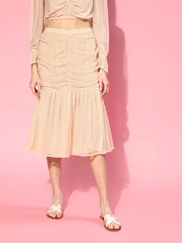 Women Nude Swiss Dot Mesh Ruched Skirt mini skirt trendy