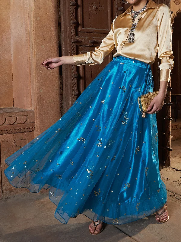 Lyush Women Teal Tulle Sequin Bias Flare Anarkali Skirt cashmere skirt plush