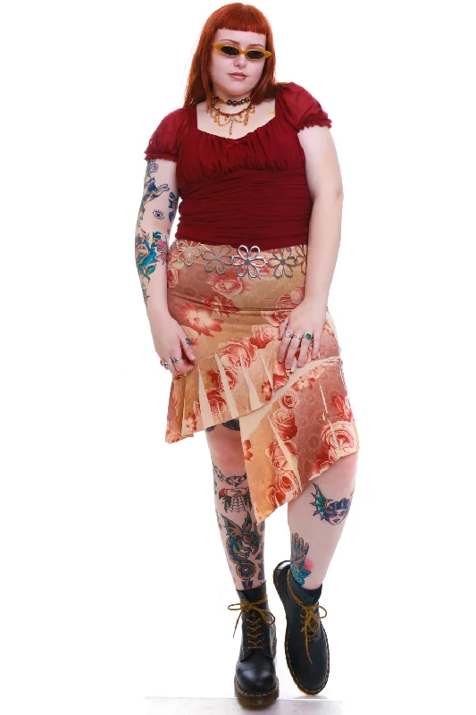 Vintage Y2K Asymmetric Rose Flutter Skirt - L/XL tiered skirt playful