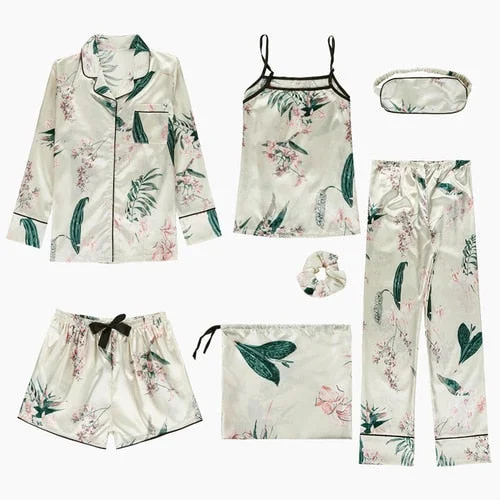 Spring Summer 7 Pcs Set Silk pijamas sexy Women Pajamas Print Shorts Long Sleeve Top Elastic Waist Pants Full Lounge Sleepwear Soft Sweatpants Style Spring Summer 7 Pcs Set Silk pijamas sexy Women Pajamas Print Shorts Long Sleeve Top Elastic Waist Pants Full Lounge Sleepwear Soft Sweatpants Style