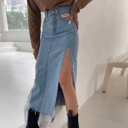 Straight Cut Denim Split Skirt wrap skirt elegant