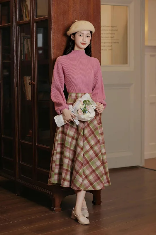 Strawberry Matcha Sweater & Midi Skirt Set (Pink/Green) a-line skirt cut