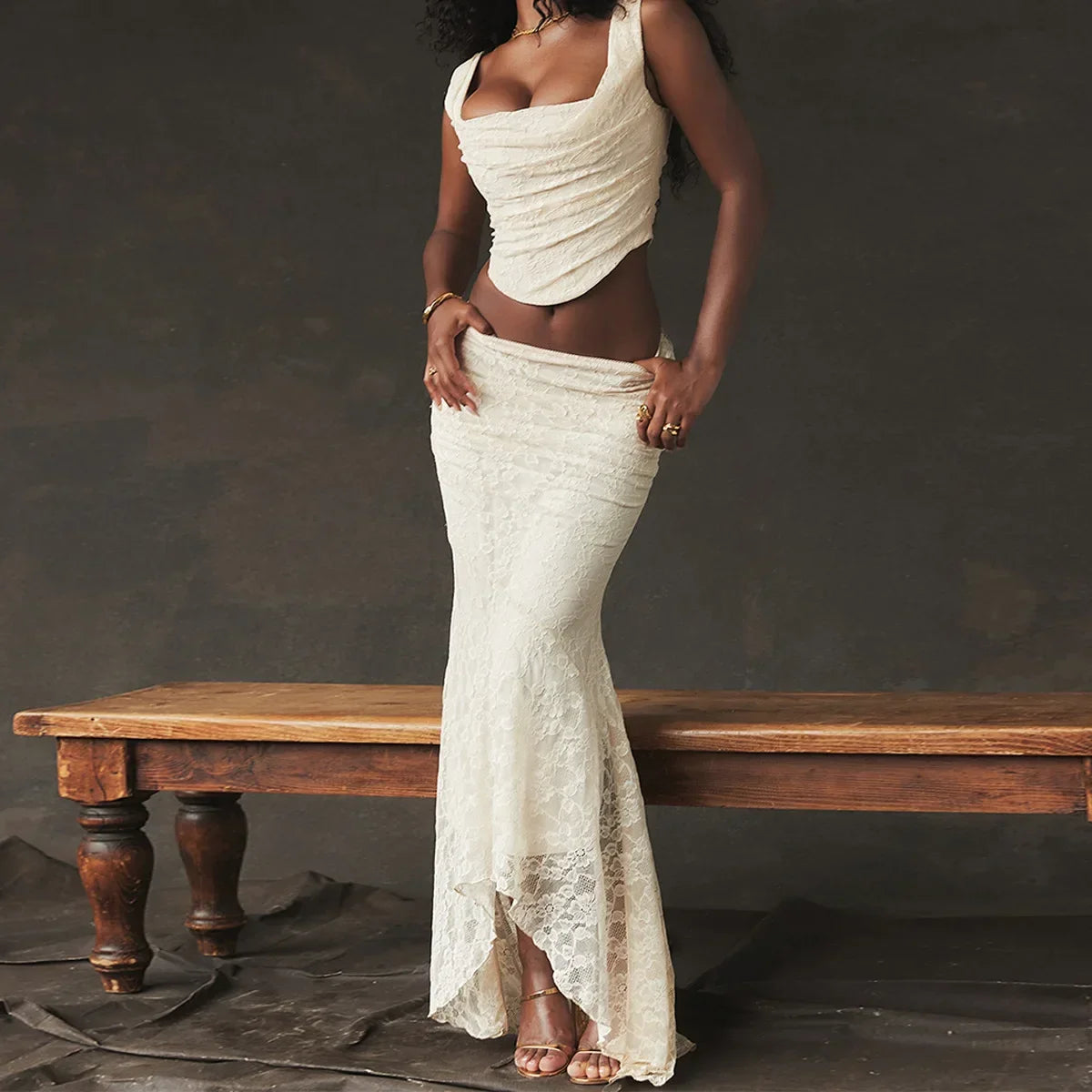 A&A Luxe Vintage Lace Corset and Maxi Skirt button skirt front