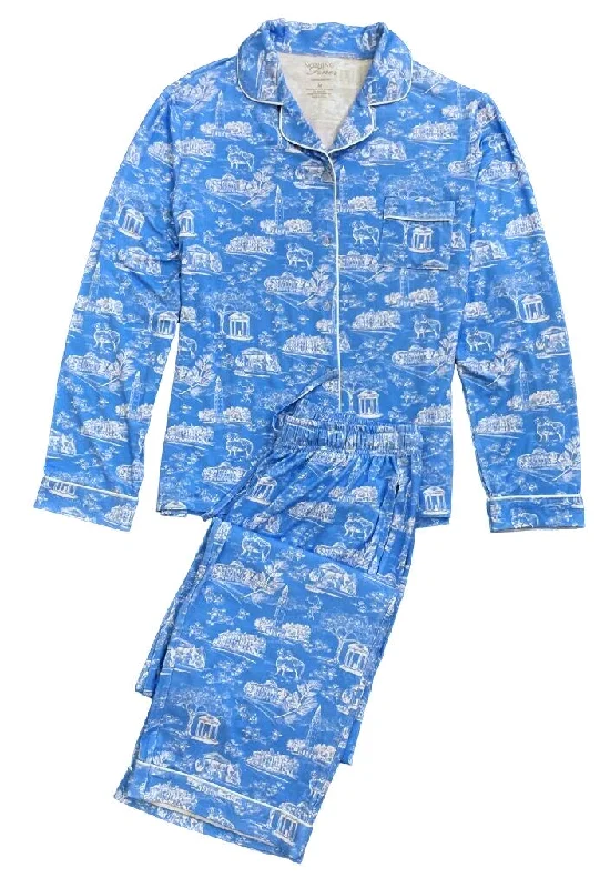 Tar Heel Toile Pajamas in Carolina Blue Long Sleeves Long Pants by Nothing Finer Elegant Silk Pants