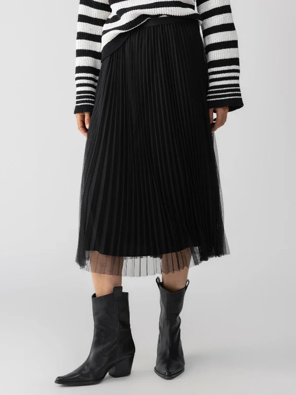 Tulle Pleated Midi Skirt Black lace skirt intricate