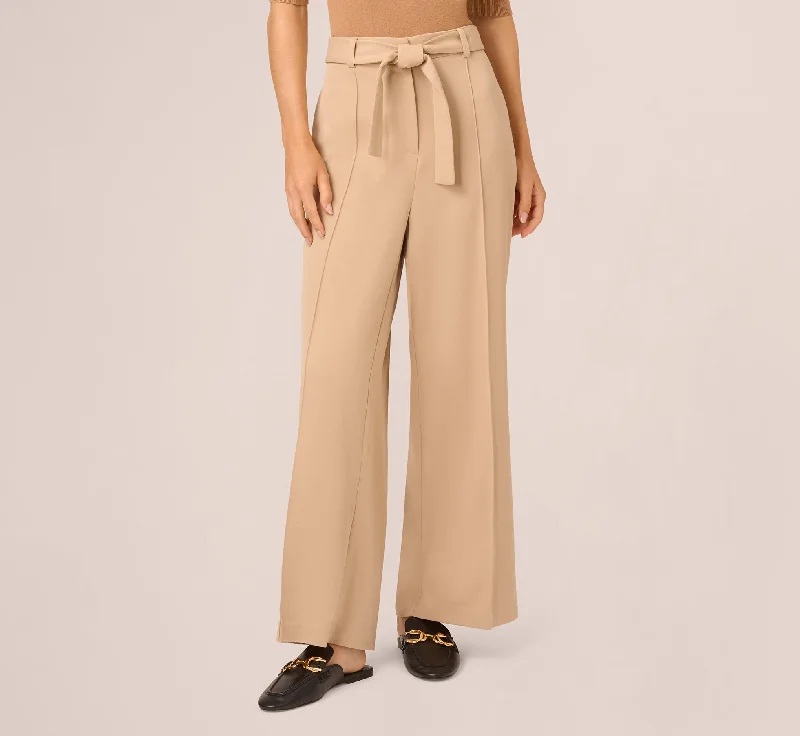 Twill Zip Fly Belted Wide Leg Pant In Sandstone Classic Straight Pants