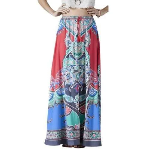 Ethnic Style High-Waisted Printed Drawstring Design Women's Long Skirt - S elastic waist skirt