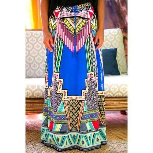 Stylish Drawstring Geometric Print Women's Skirt - Blue S zip skirt side