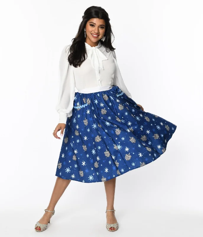 Unique Vintage Blue Hanukkah Print Susannah Swing Skirt velvet skirt plush