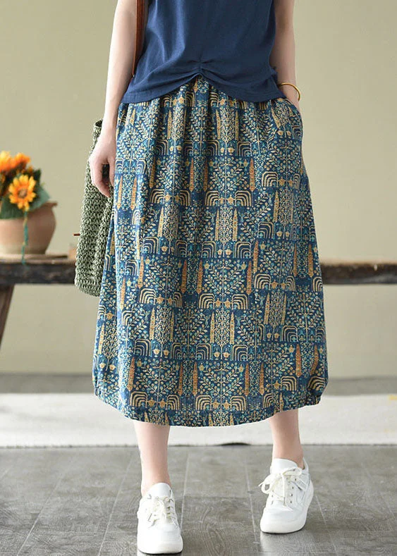 Vintage Blue Elastic Waist Pockets Print Linen Skirts Summer leather skirt bold