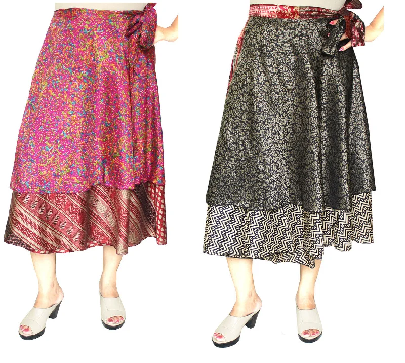 Wholesale 2 Pcs Lot Two Layers Women's Indian Sari Magic Wrap Around Skirt linen skirt airy