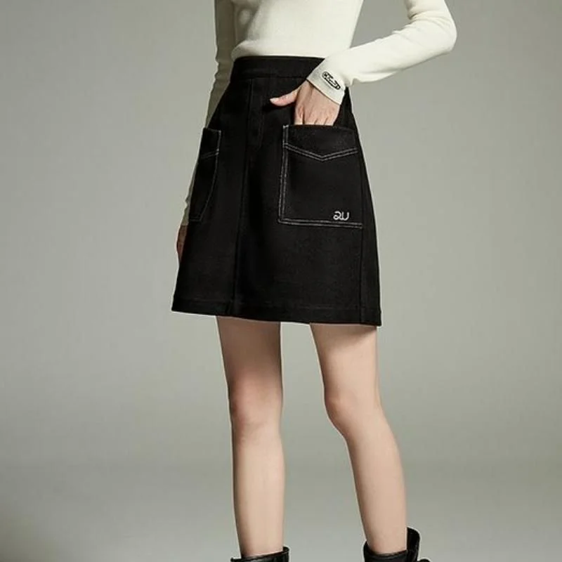 Winter Knee-Length A-Line Skirt with Embroidery & Pockets linen skirt light