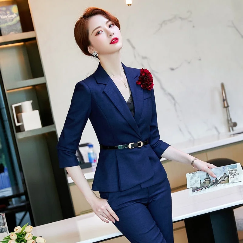 Winter Long Sleeve OL Style Business Professional Pantsuit for Women Relaxed Lounge Trousers