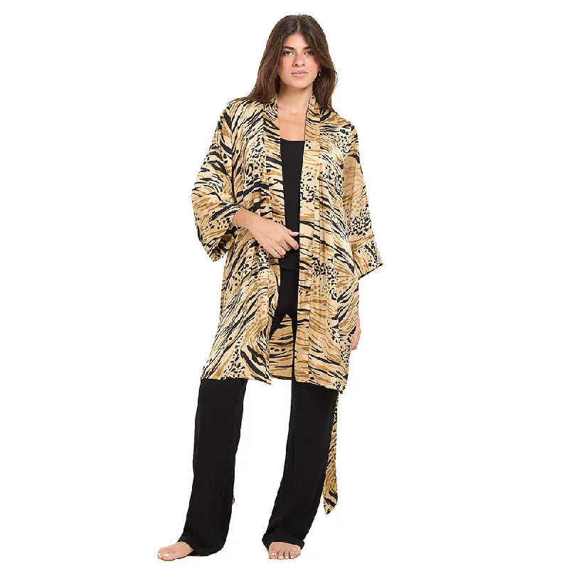 Women summer 3 piece pajama set Beige Cheetah pattern kimono + Black top & Pants Trendy Wide-Legged Trousers Women summer 3 piece pajama set Beige Cheetah pattern kimono + Black top & Pants Trendy Wide-Legged Trousers