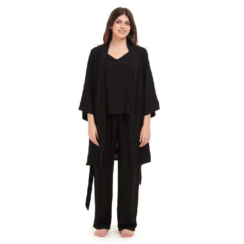 Women summer 3 piece pajama set Black Top + Black kimono & Pants Trendy Wide-Legged Trousers Women summer 3 piece pajama set Black Top + Black kimono & Pants Trendy Wide-Legged Trousers