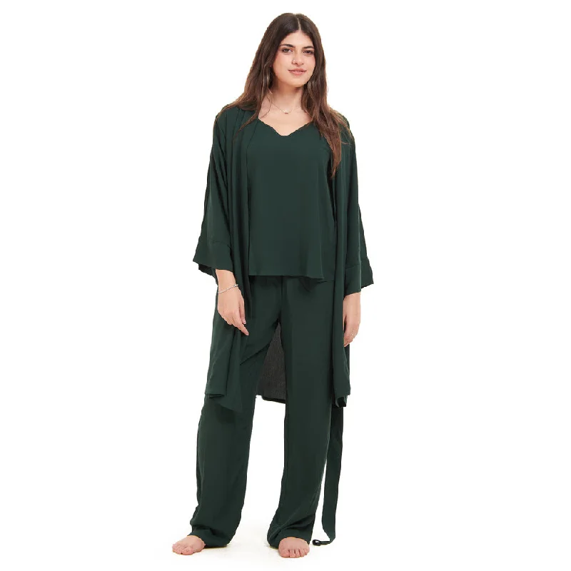 Women summer 3 piece pajama set Dark Green Top + Dark Green kimono & Pants Chic Capri Pants Women summer 3 piece pajama set Dark Green Top + Dark Green kimono & Pants Chic Capri Pants