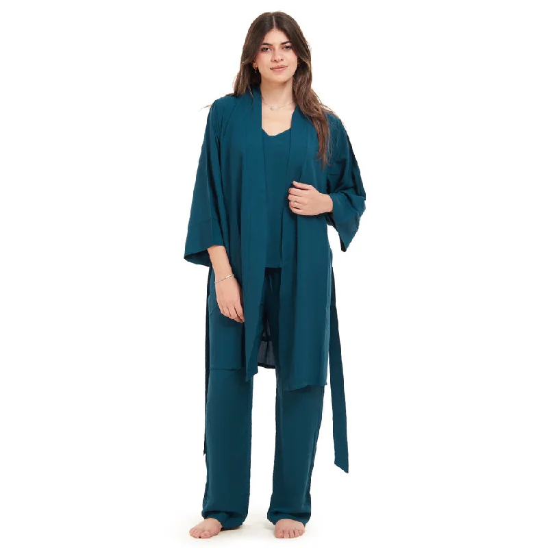Women summer 3 piece pajama set Petroleum Top + Petroleum kimono & Pants Soft Stretch Pants Women summer 3 piece pajama set Petroleum Top + Petroleum kimono & Pants Soft Stretch Pants