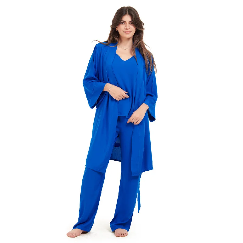 Women summer 3 piece pajama set Royal Blue Top + Royal Blue kimono & Pants Trendy Printed Pants Women summer 3 piece pajama set Royal Blue Top + Royal Blue kimono & Pants Trendy Printed Pants