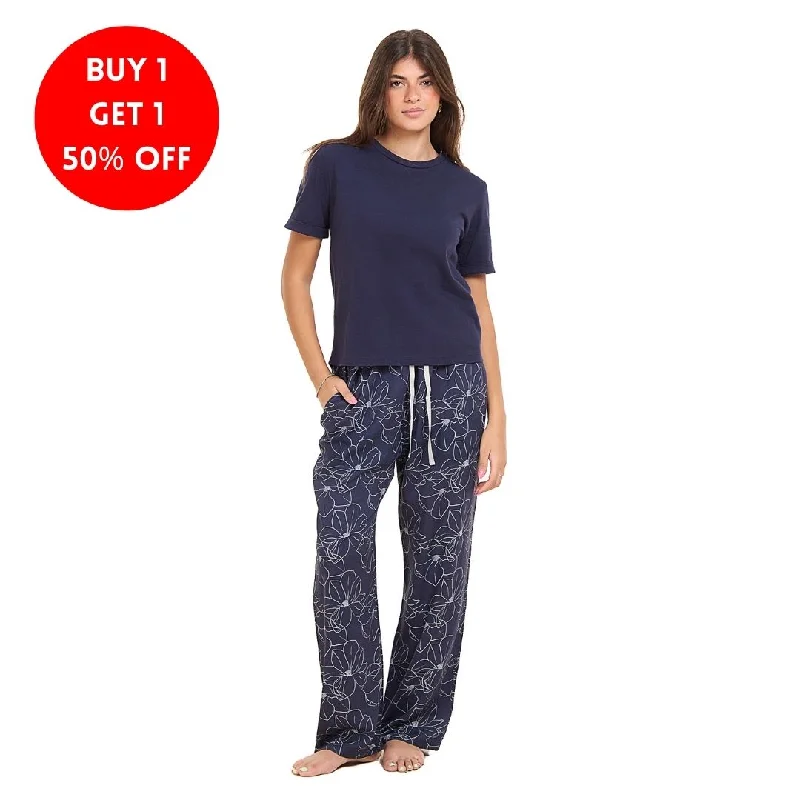 Women summer pajama set Dark blue Tee + Magnolia Floral Pants Modern Bootcut Pants