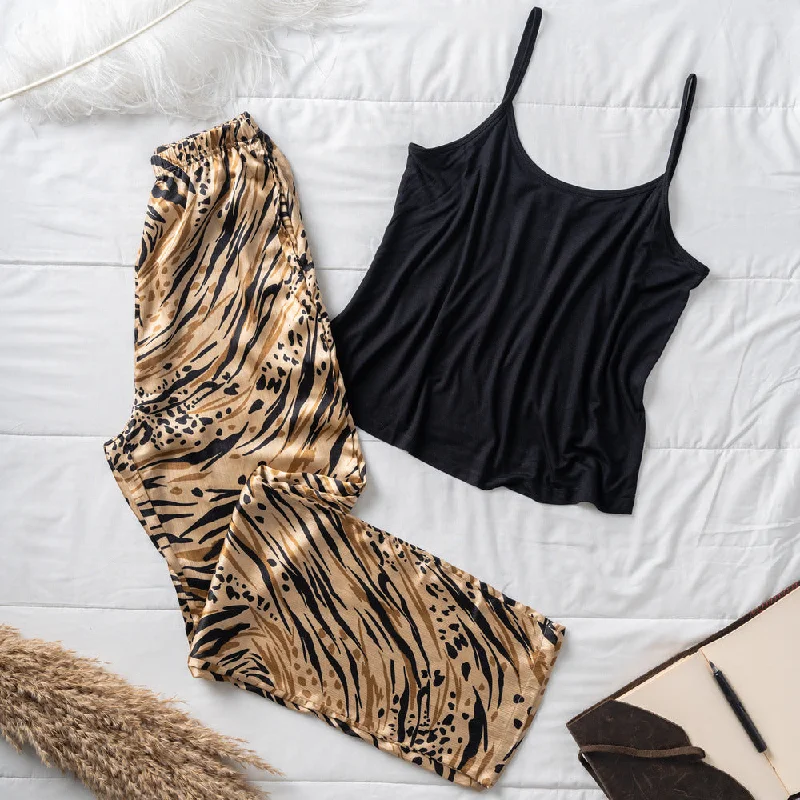 Women summer pajama set  Black Top+ Beige Cheetah pants Chic Slim Fit Pants