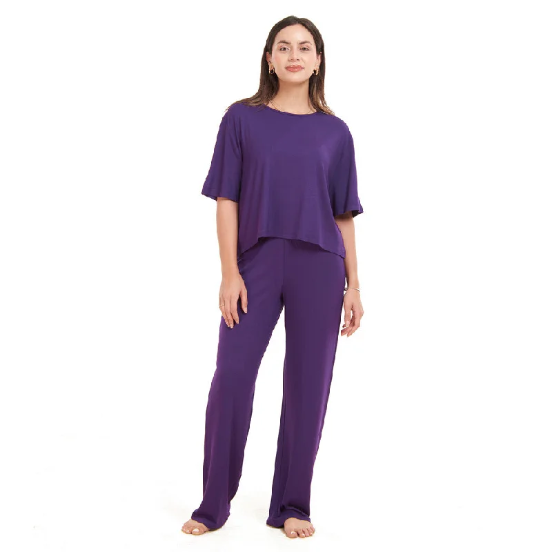 Women summer pajama set Purple Cropped top + pants Wide-Legged Palazzos